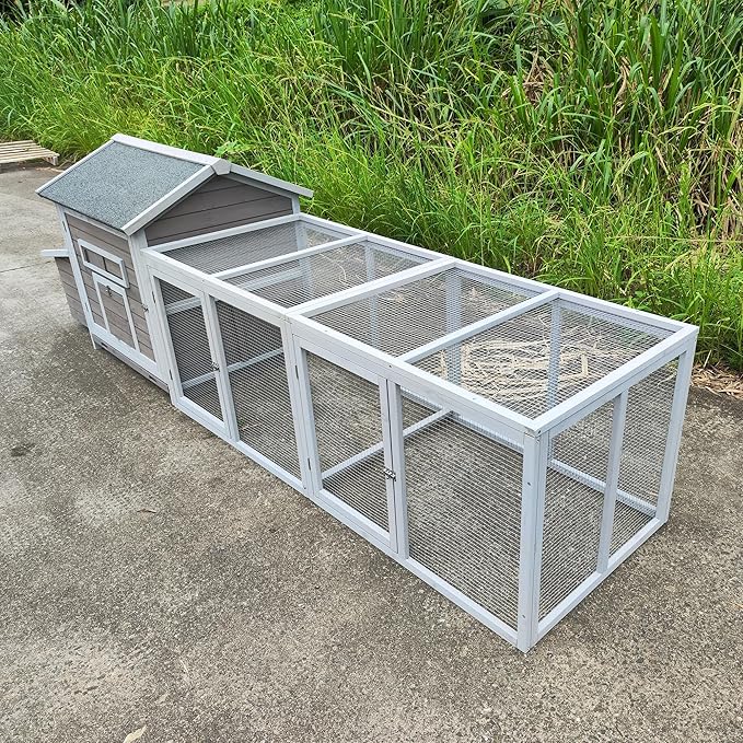 Large Wooden Chicken Coop Outdoor Hen House with Nesting Box，Walk-in Poultry Cage with Secure Locks, Metal Mesh Run for Backyard Farm Use (Gray 118")