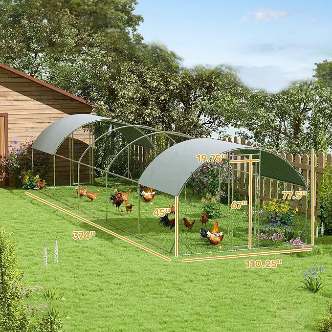 PawHut Large Chicken Coop Metal Chicken Run w/Waterproof and Anti-UV Cover, 2 Lockable Doors, Dome Shaped Walk in Hen House for 30-40 Hens, Ducks, Poultry, Outdoor Yard Farm Use, 9.2' x 31.2' x 6.5'