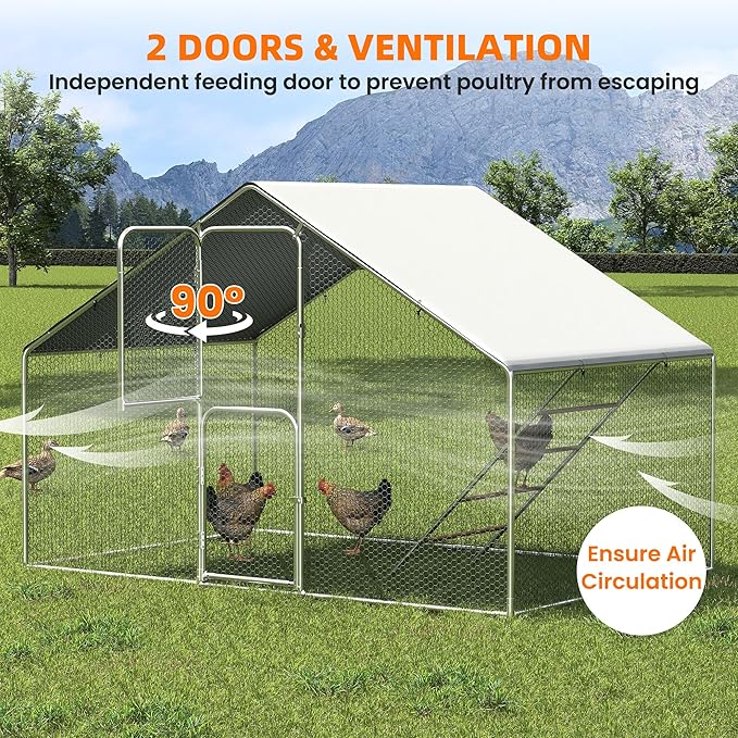 UDPATIO Chicken Coop & Metal Run - Spacious Walk in Pen for 10 Chickens with Double Feed Door, UV-Resistant Cover, Galvanized Frame - Duck & Rabbit House