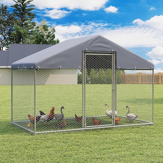 Large Metal Chicken Coop, Walk-in Chicken Run Pen with Waterproof Cover, Spire Roof Poultry Cage for Outdoor, Backyard, Farm (6.4'Wx9.7'Lx6.4'H)