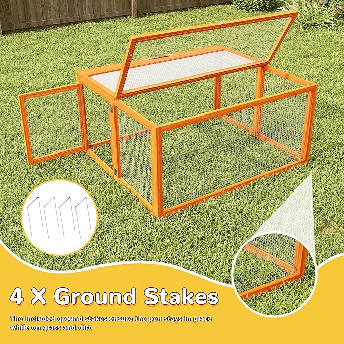 Portable Chicken Coop with UV-Proof Panel, 4X Garden Stakes, Wooden Rabbit Hutch, Chicken Brooder Box Indoor, Outdoor Folding Chicken Cage, Top & Side Openable Doors, 43.3Inch (Orange)
